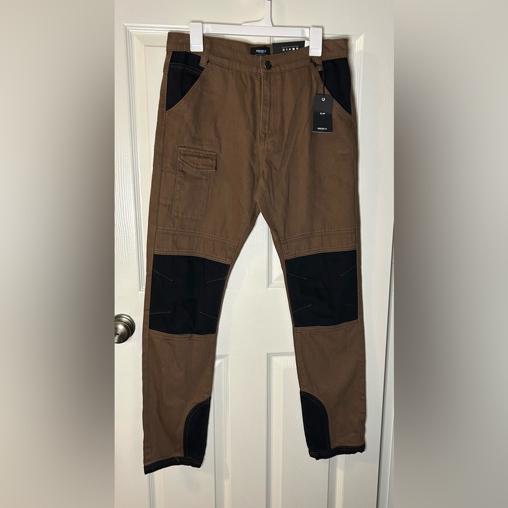 Men’s Brown Denim/Cargo Pants with Black Knee & Pocket Panels
